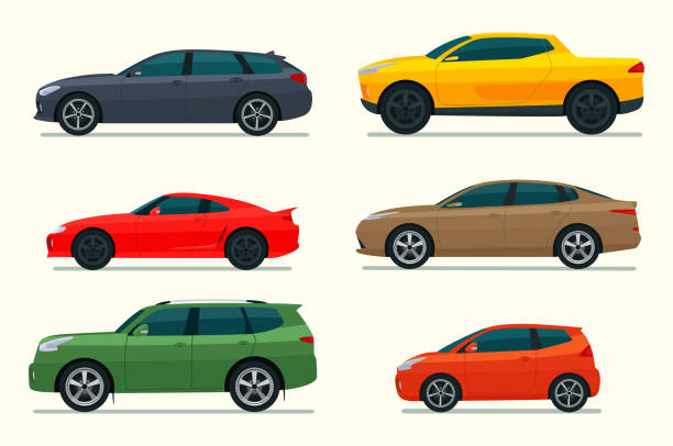 illustrazioni stock, clip art, cartoni animati e icone di tendenza di un grande set di diversi modelli di auto. illustrazione vettoriale in stile piatto. - automobile