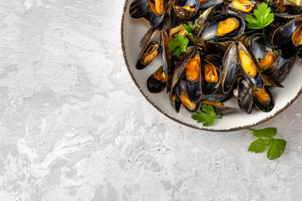 istock Healthy mussels in white plate on light gray background 1211321176