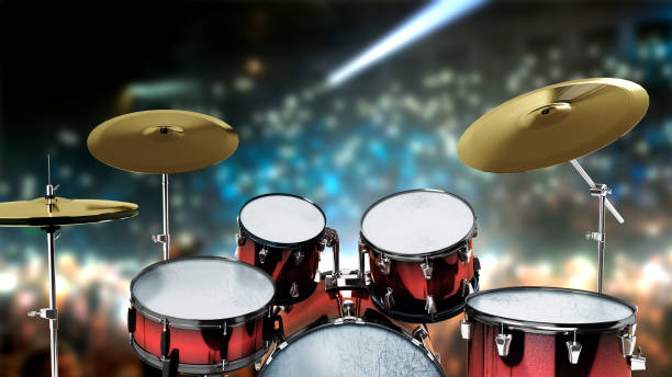 Set of drums with metal cymbals on blue background. 3d render of musical percussion instrument, drum machine and drumset with heavy metal guitar for rock festival poster
