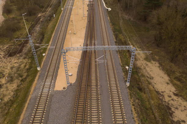 istock Drone view of train track parallel each one. 1211321895