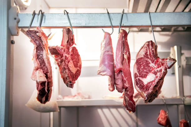 Hanged Cow Leg in a slaughterhouse