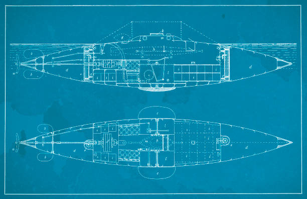 Electric submarine torpedo boat Illustration of a Electric submarine torpedo boat blueprint silhouettes stock illustrations