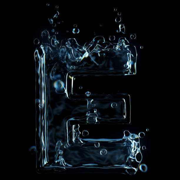 Liquid letter E water splash isolated on black background