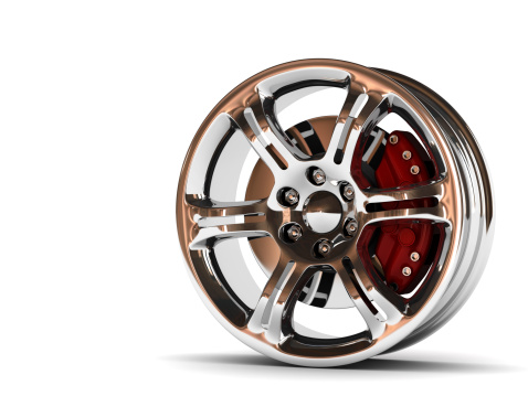 Aluminum wheel image 3D high quality rendering. White picture figured alloy rim for car. Best used for Motor Show promotion or car workshop booklet or flyer design on white background.