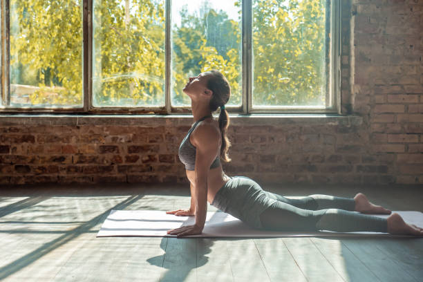 Young sporty woman trainer do practice individual hatha yoga instructor training Bhujangasana pose high cobra posture prone backbend position mat modern gym fitness workout healthy lifestyle concept joven mujer deportiva entrenador hacer práctica individual hatha yoga instructor entrenamiento bhujangasana pose alta postura cobra propenso backbend posición matismo moderno gimnasio fitness entrenamiento concepto de estilo de vida saludable