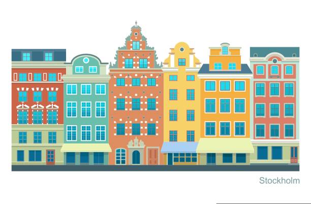 Colorful old town of Stockholm - Stortorget place in Gamla stan. Stylized flat highly detailed illustration of an old European city Colorful old town of Stockholm - Stortorget place in Gamla stan. Stylized flat highly detailed illustration of an old European city stortorget stock illustrations