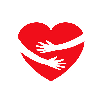 istock Hugging heart, charity icon, hands holding heart, arm embrace love yourself, organization of volunteers, family community – vector 1211333492
