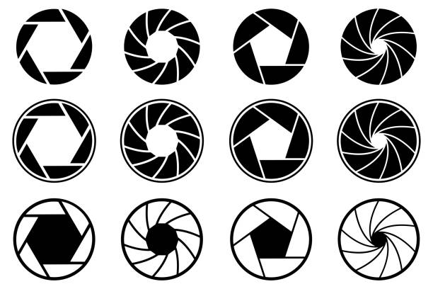 ilustrações de stock, clip art, desenhos animados e ícones de set photo camera lens diaphragm. photo lenses aperture, cameras shutter silhouette icon and shutter apertures pictogram. lomography film lens or snap optics objective lenses - stock vector - lens camera aperture isolated