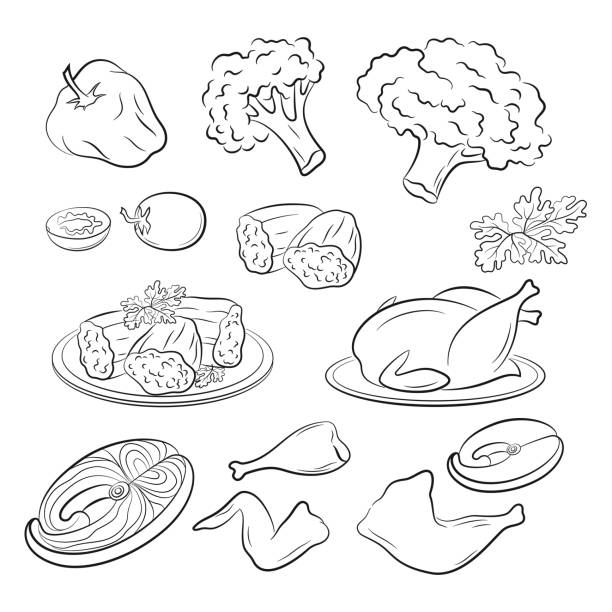 ilustraciones, imágenes clip art, dibujos animados e iconos de stock de conjunto de pictogramas alimentarios - cauliflower roasted parsley cooked