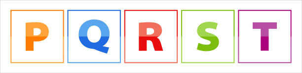 kolorowe litery p, q, r, s, t, wykonane z pomarańczowym- czerwonym, fioletowym, niebieskim, zielonym kolorem. każda litera znajduje się w ramce, a tło jest białe - letter s text alphabet letter t stock illustrations