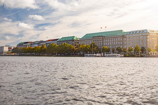 Streets of Hamburg. Panoramic view of the city of Hamburg from a lake.