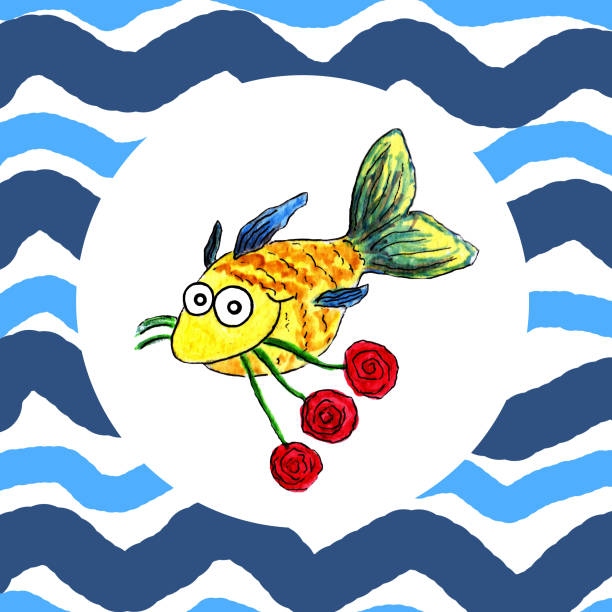 istock Beautiful golden fish holds red roses in its mouth. 1211336636