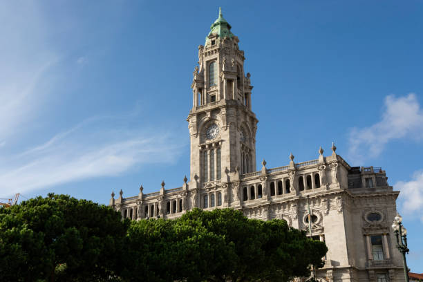 istock Porto City Hall. Pine trees. Blue sky with clouds. Tower. 1211339787
