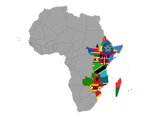 ilustrações, clipart, desenhos animados e ícones de mapa dos países da áfrica oriental com bandeira nacional - áfrica oriental