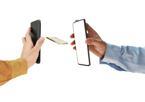 mobile phone technology banking services for received or sending money on white background mobile phone technology banking services for received or sending money isolated on white background sending money stock pictures, royalty-free photos & images