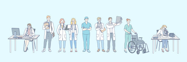 Healthcare, research, medicine, doctor set concept Healthcare, research, medicine, doctor set concept. Group of young doctors, men and women, healthcare specialists at hospital together. Scientific medical researches or surveys. Hospital communication doctor utensils stock illustrations