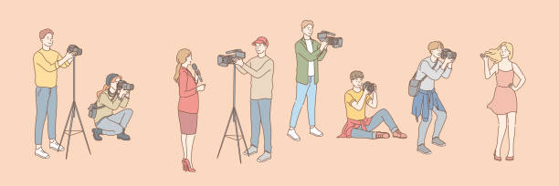 set von foto- und videofilmern, paparazzi, journalistenkonzept - photographer camera tripod paparazzi photographer stock-grafiken, -clipart, -cartoons und -symbole