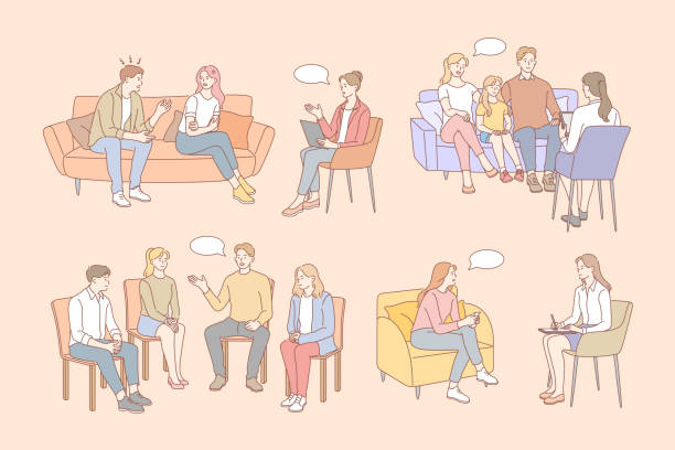 Family therapy, psychology, mental support set concept Family therapy, psychology, mental support set concept. Medicine services, psychotherapy session in office. Men, women, children together get psychological help, rehabilitation group meeting. Vector parent guide stock illustrations