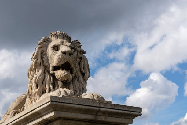 ブダペストのドナウ川を渡る鎖橋の石のライオンの肖像画。雲のある青空。 - chain bridge budapest bridge lion ストックフォトと画像