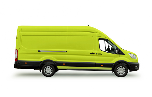 Side view of a neon colored van on white background