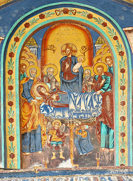istock Old paintings of Christ and Holy Mary from Batoshevo monastery 121134603