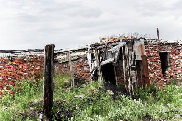 Destroyed wartime brick house in the arctic tundra