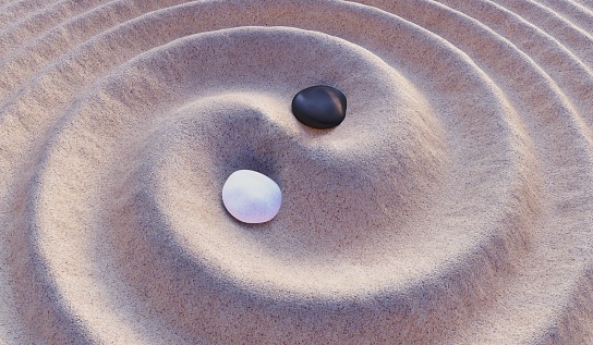 Black and white stones in sand. Yin-Yang symbol. 3D rendered illustration.