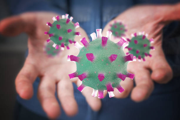 istock Hygiene concept. Man is showing dirty hands with many viruses and germs. 1211349865
