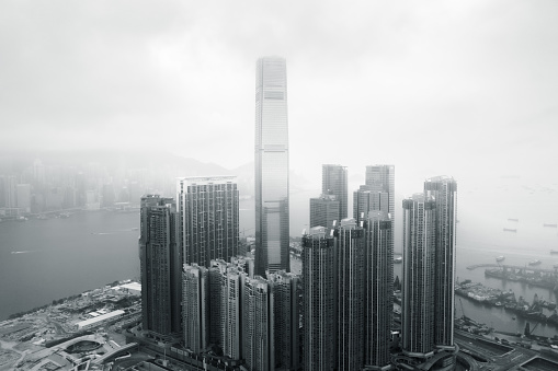 Hong Kong City in the fog, Victoria Harbour, China