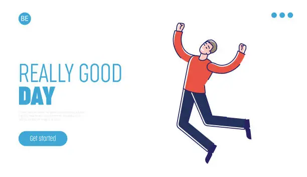 Vector illustration of Positive Emotions Concept. Website Landing Page. Happy Man Express Positive Emotions Jumping Up And Down Of Happy. He Is Happy And Satisfied. Web Page Cartoon Flat Outline Linear Vector Illustration