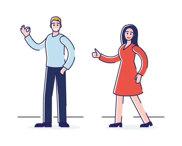 Vector illustration of Human Positive Emotions And Happiness Concept. Man And Woman Express Positive Emotions Showing Ok And Thumb Up Signs. They Are Happy And Satisfied. Cartoon Flat Outline Linear Vector Illustration