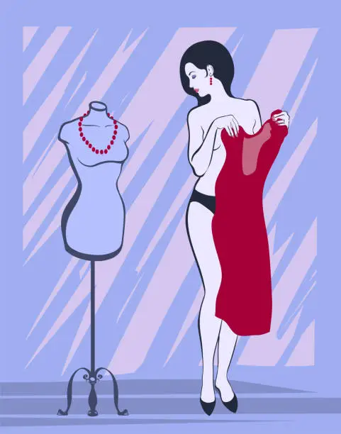 Vector illustration of Girl trying on a dress next to a mannequin