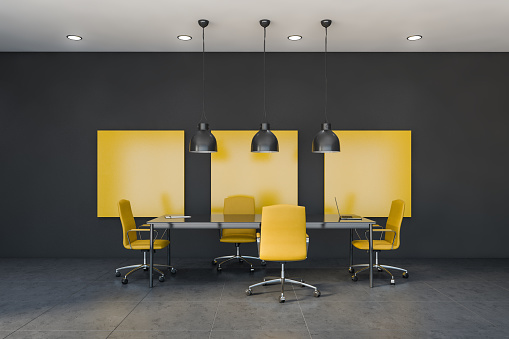 Interior of stylish conference room with gray and yellow walls, tiled floor, long boardroom table and yellow armchairs with stylish ceiling lamps. 3d rendering