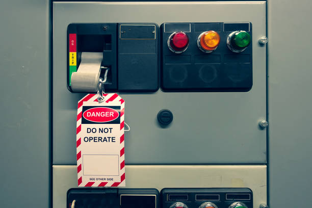 istock Red, white Lock out & Tag out for Lock station,machine - specific or switch gear roomd evices and safety first point, Cyber security or safety industrial concept. 1211355946