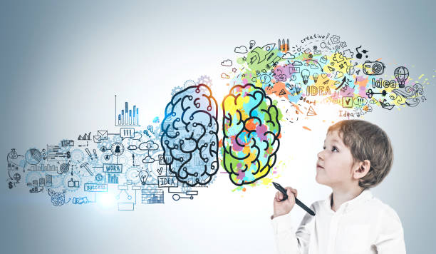 istock Little boy with marker, colorful brain sketch 1211357099