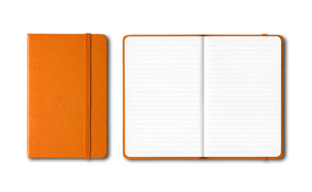 carnets orange fermés et ouverts doublés isolés sur blanc - horizontal business open clean photos et images de collection