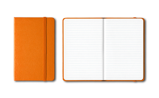Orange closed and open lined notebooks isolated on white