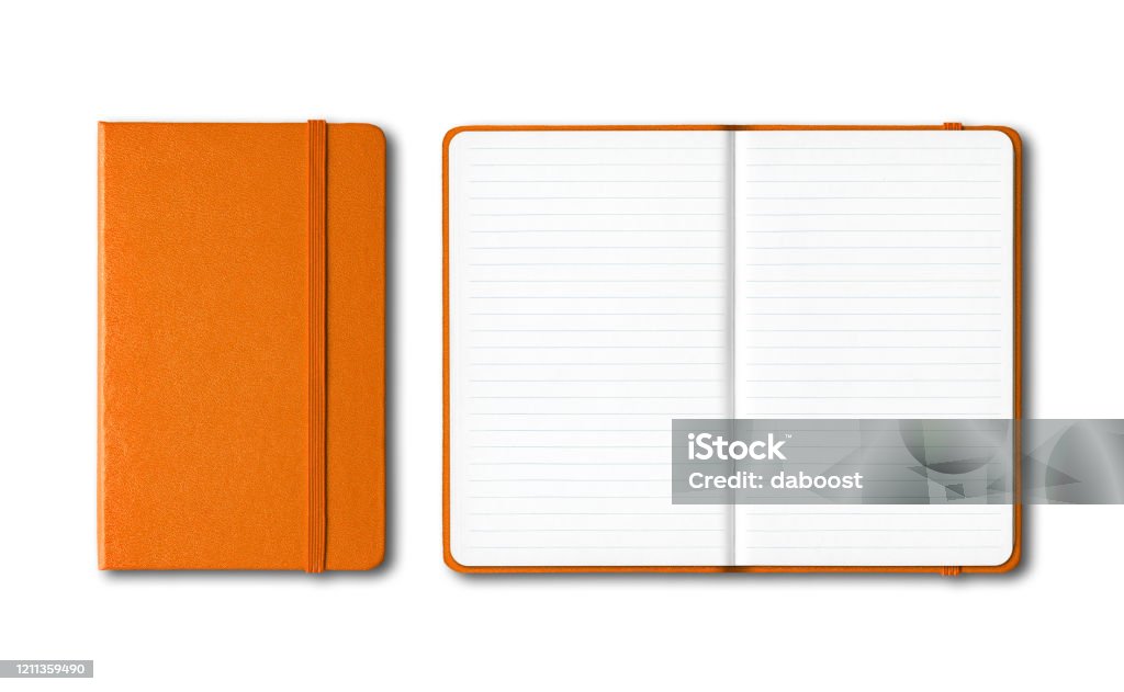 Orange closed and open lined notebooks isolated on white Orange closed and open lined notebooks mockup isolated on white Note Pad Stock Photo