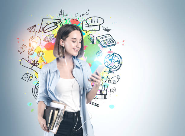 Smiling woman with phone, education sketch