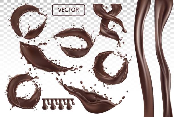 illustrations, cliparts, dessins animés et icônes de 3d illustration réaliste éclabousse chocolat pour l’étiquette de conception, beurre de cacao, pâte de chocolat et baisses de chocolat sur fond transparent. définir l’illustration vectorielle. - isolated on brown