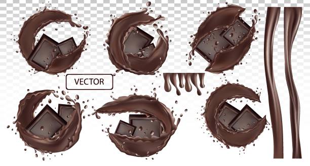 illustrations, cliparts, dessins animés et icônes de 3d illustration réaliste éclaboussures chocolat et chocolat de pièce. beurre de cacao, pâte de chocolat avec gouttes sur fond transparent. belle illustration vectorielle pour l’étiquette de conception - isolated on brown