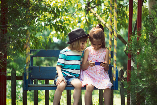 Two little children using smartphone on a garden swing.