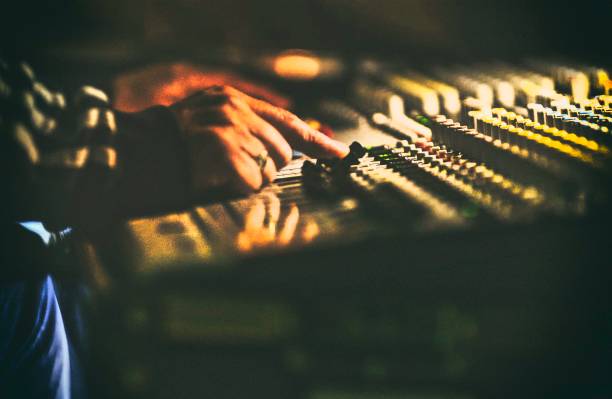 sound recording mixer desk during live concert - human finger sound mixer music producer imagens e fotografias de stock