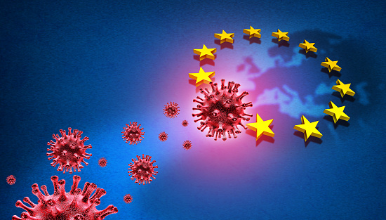 European Union coronavirus outbreak and Europe disease pandemic countries including France Germany Italy and England as a flu or influenza infection and pandemic or epidemic as a 3D illustration.