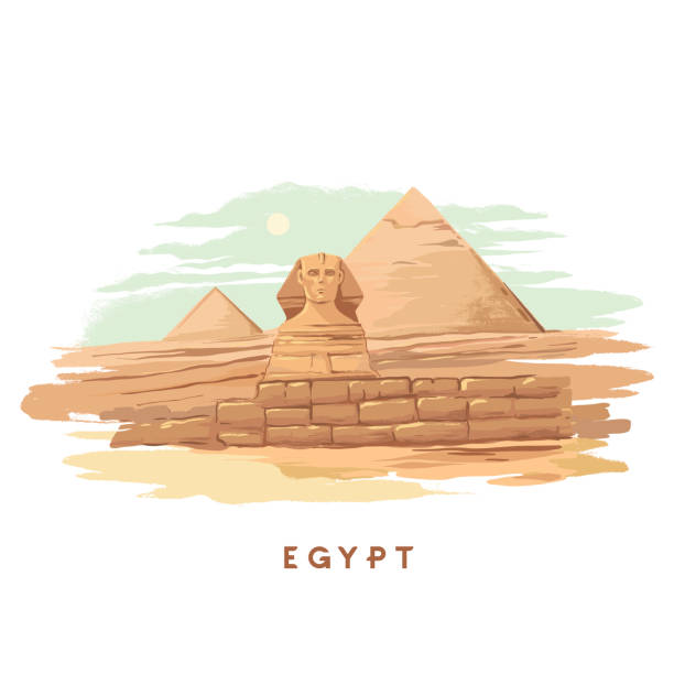 ●ギザ、スフィンクス、エジプトのピラミッドのカラフルな手描きのベクトルイラストを白い背景に手描き - pyramid cairo egypt tourism点のイラスト素材／クリップアート素材／マンガ素材／アイコン素材