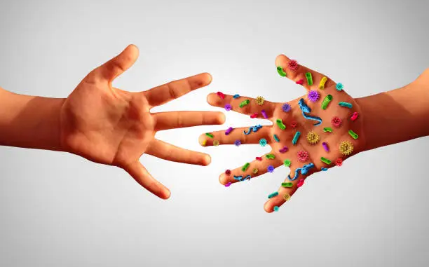 Infectious diseases spread hygiene concept as hands with germ virus and bacteria spreading with illness in public as a community transmission exposure concept as infected people with 3D illustration elements.