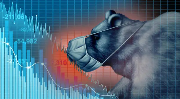 Stock market disease and economy health care as an economic pandemic fear and coronavirus fears or virus Outbreak and selling as a bear financial recession concept with 3D illustration elements.