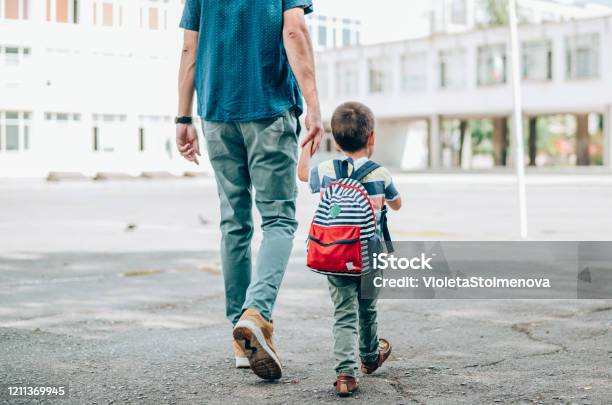Father And Son Going To School Stock Photo - Download Image Now - Child, Preschool, Back to School