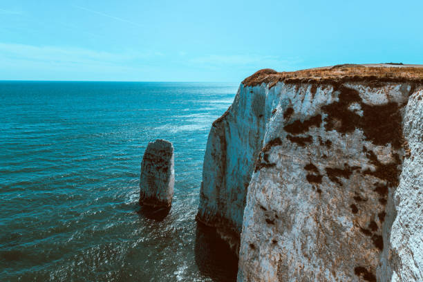 Dorset, UK - September 13, 2023. Old Harry Rocks. Chalk cliffs on the Jurassic Coast, UNESCO World Heritage Site in Dorset, UK