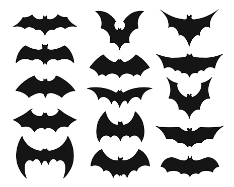 Bat symbol set. Collection of black silhouettes of mysterious flying nocturnal animals with flapping wings isolated on white background. Halloween decoration. Flat monochrome vector illustration.